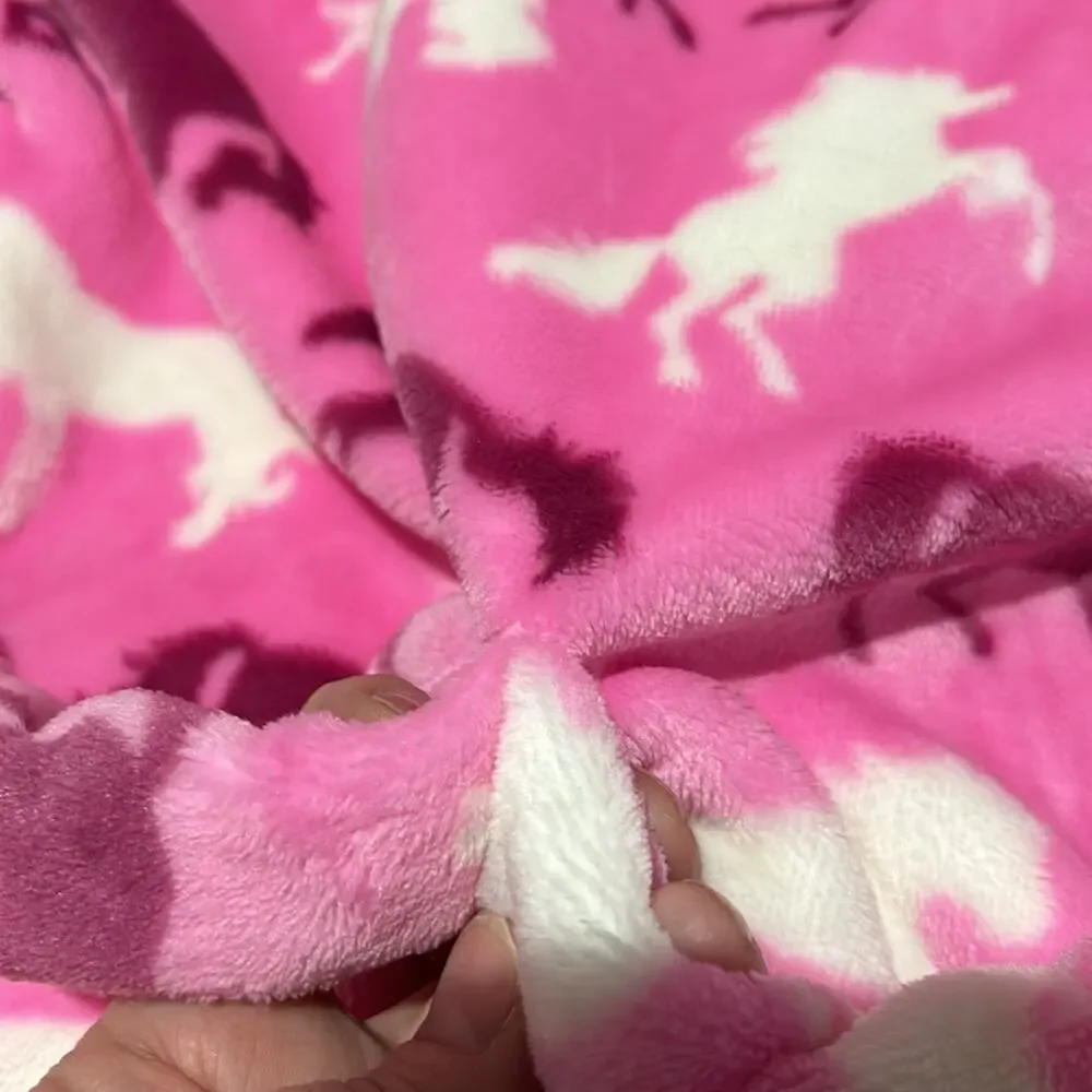 Hatley 4/5 hooded thick pink robe horse print white burgundy pockets euc